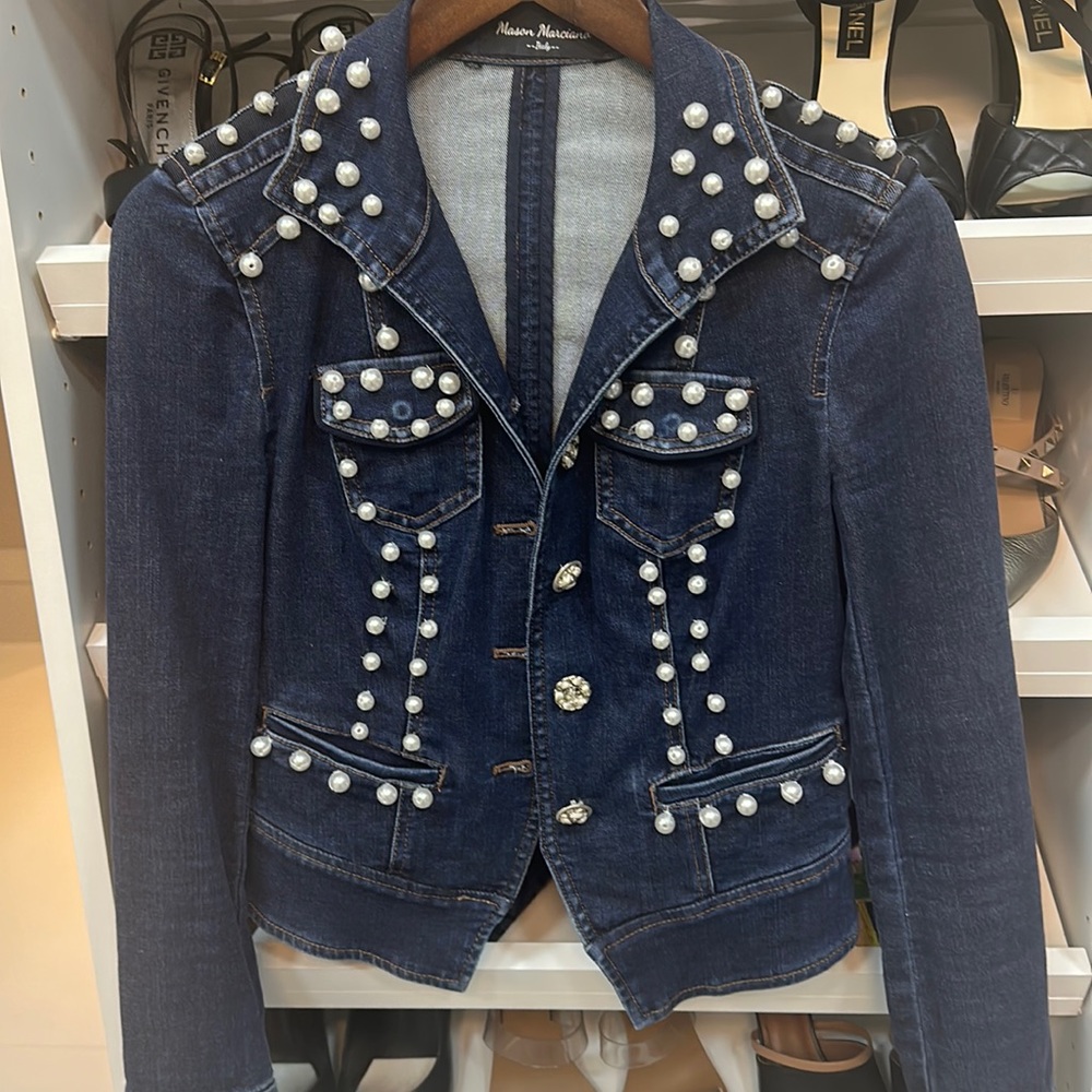 Cropped pearl embellished denim jacket